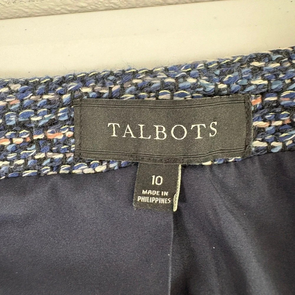 Talbots Tweed Blazer Women 10 Blue Fringed Open Front Cotton Blend Preppy Jacket